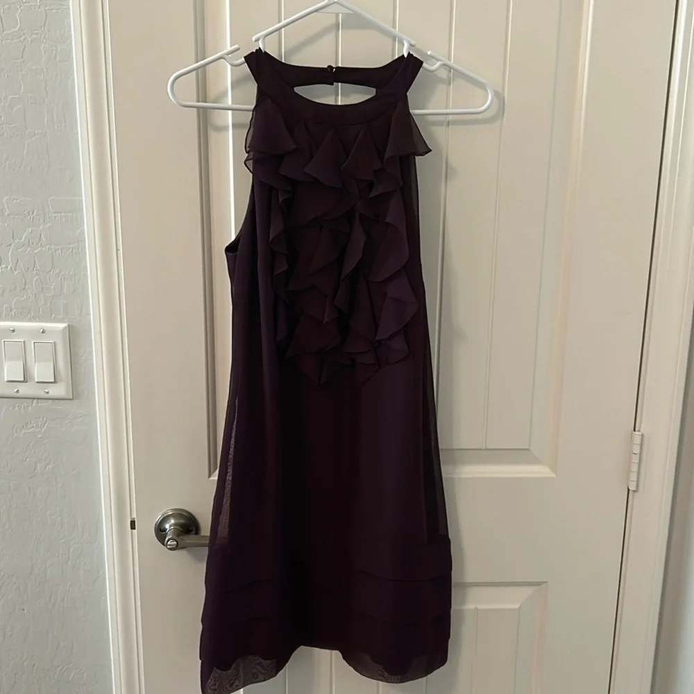 Women deep purple front ruffled dress w/bottom pleats. - Picture 1 of 8